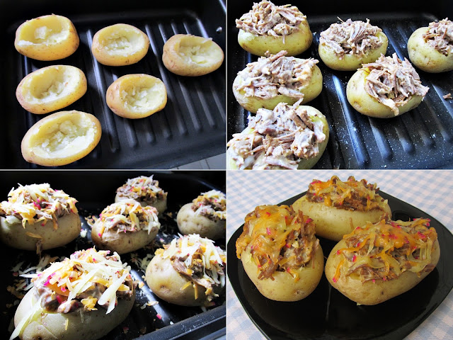 Batatas recheadas com carne desfiada e queijo